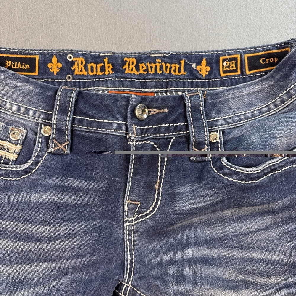 Rock Revival pILKIN crop jeans wOMEN 28x  28.5 embroidered HICK sTITCH wHISKErs - Picture 5 of 10